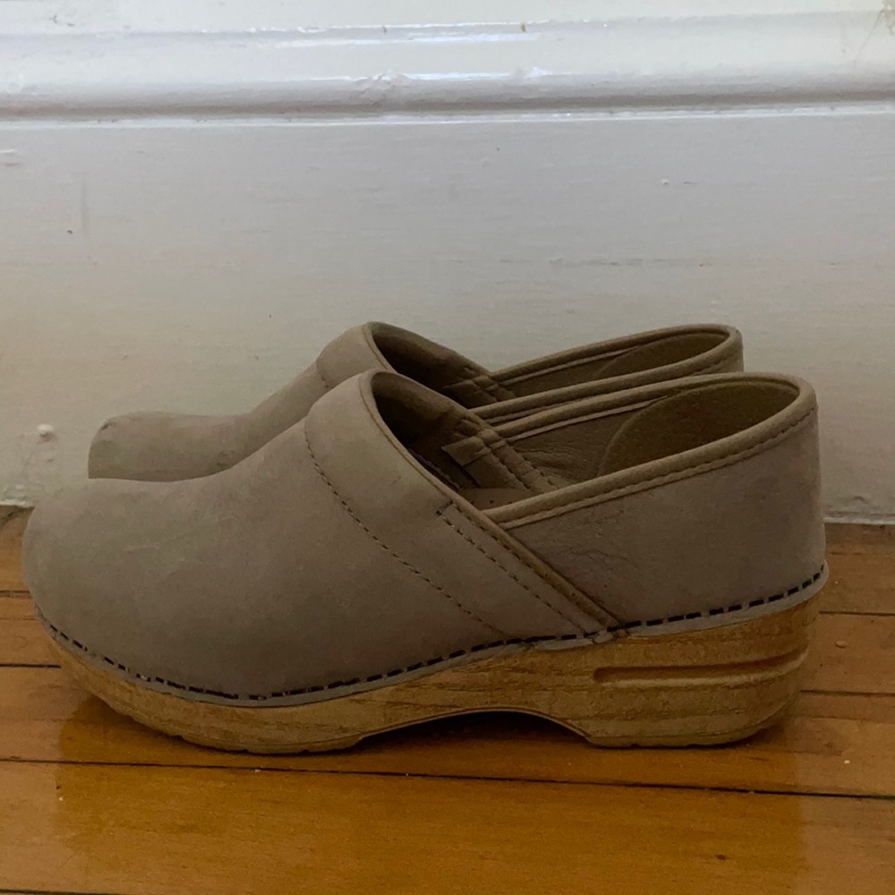 Gray suede Dansko clogs
